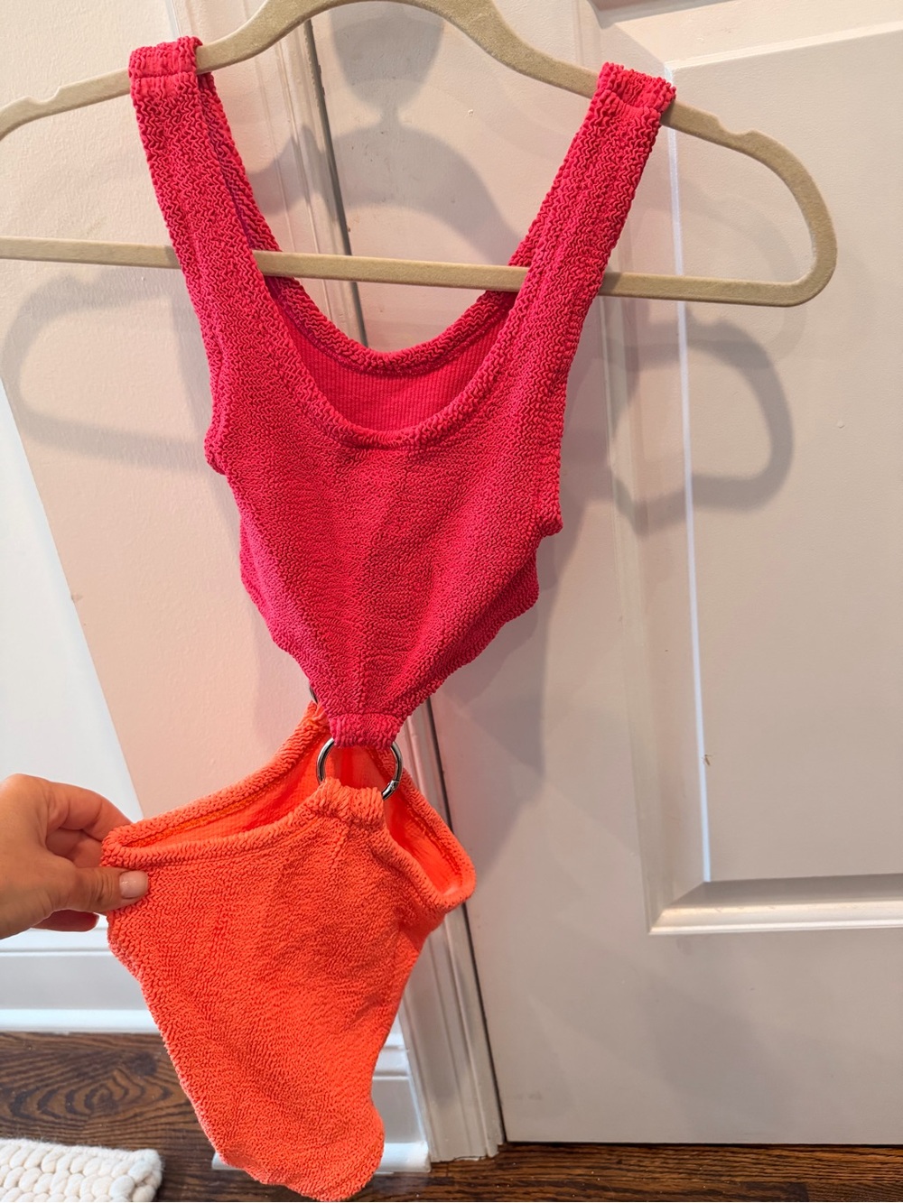 Hunza G Two-Tone Terry One-Piece Swimsuit in Hot Pink & Orange - Picture 2 of 2